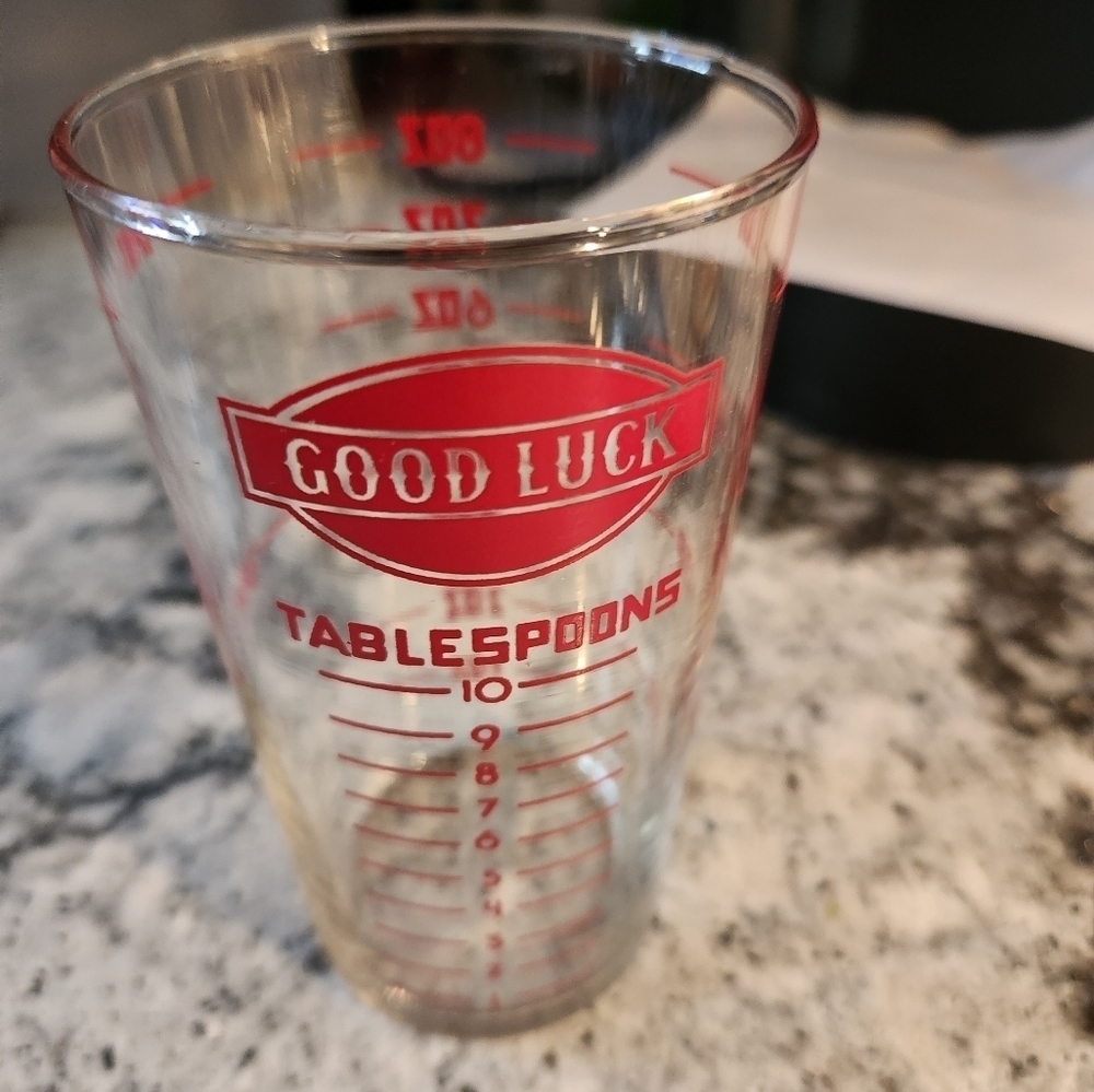 Vintage Clear Glass Red Lettering GOOD LUCK Measurements Glass